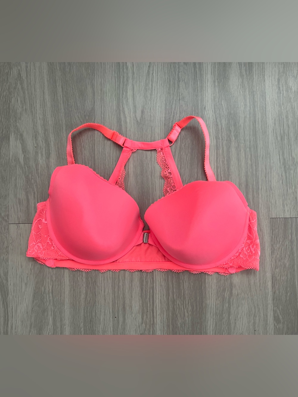 Torrid 46C Bright Coral Lace Racerback Push Up Bra Underwire Front Clasp